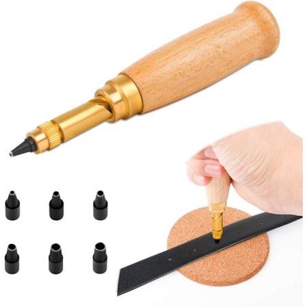 Automatisk læderhulslag med træhåndtag med 6 værktøjer til bogbinding