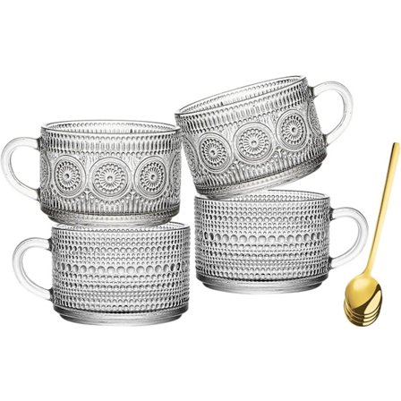 4 st Vintage Kaffemuggar, 400 ml Te-koppar i Glas med Skedar, Genomskinliga Graverade Glasmuggar, Kaffemuggar i Glas C
