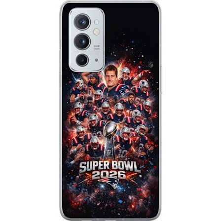 Yhteensopiva Puhelinkuori OnePlus 9RT 5G Super Bowl 2026 juliste, jossa New England Patriots ja NFL-mestaruuspalkinto räjähtävän urheilullisessa suunn