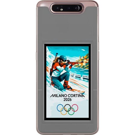 Kompatibelt Mobildeksel til Samsung Galaxy A80 Retroplakat Cortina Milano 2026 med fjell, vintersportsutøvere, italienske trikolor, Milano-katedralen