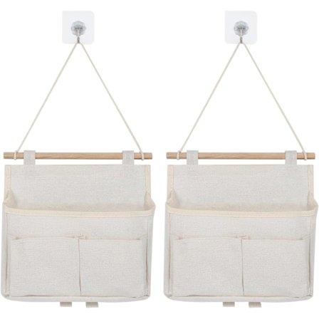 2 stk. Vægmonterede opbevaringsposer, højkvalitets opbevaringspose med lommer, vandtæt hængende opbevaring i linned, hængende organizer (hvid)