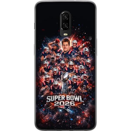 Yhteensopiva Puhelinkuori OnePlus 6T Super Bowl 2026 juliste, jossa New England Patriots ja NFL-mestaruuspalkinto räjähtävän urheilullisessa suunnitte
