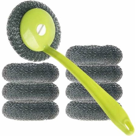 8-pack rostfria skrubbsvampar med handtag för köksredskap, grytborste, spis, envis smutsborttagning (grön)