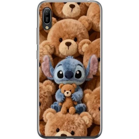Kompatibel Mobilcover til Huawei Y6 Pro (2019) Stitch omgivet af brune teddybjørne med en lille teddybjørn i armene i en sød og hyggelig kawaii-design