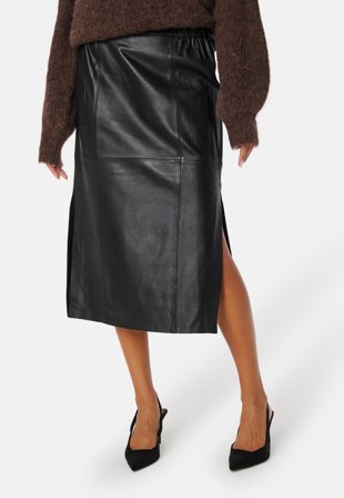 SELECTED Fianna HW Midi Leather Skirt Black Klær