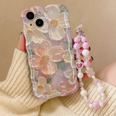 Glitter Retro Maleri Blomster Deksel til iPhone 15 Pro med Perler Stropp TPU Slim Beskyttelsesdeksel