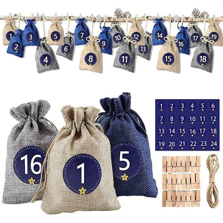 DIY Jute Adventspåsar, 24 Etiketter, Julpysselkalender