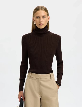 Selected Slfthea Ls Merino Wool Knit Roll Neck - Brown - XS