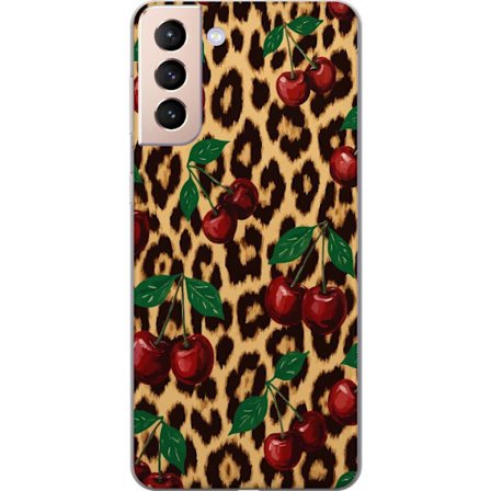 Kompatibelt Mobildeksel til Samsung Galaxy S21 Kirsebær leopard mønster kirsebær kjærlighet leopard bakgrunn retro rockabilly pinup stil design