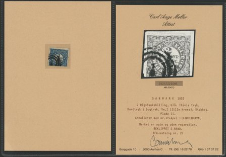 Danmark 1852 - AFA 2B i folder med attest - Stemplet