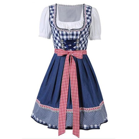 Damen Karierte Dirndl Kleid Deutsch Bayerisch Oktoberfest Bier Dirndl Kostüm (weisses Hemd+Kleid+Schürze).M.Blau