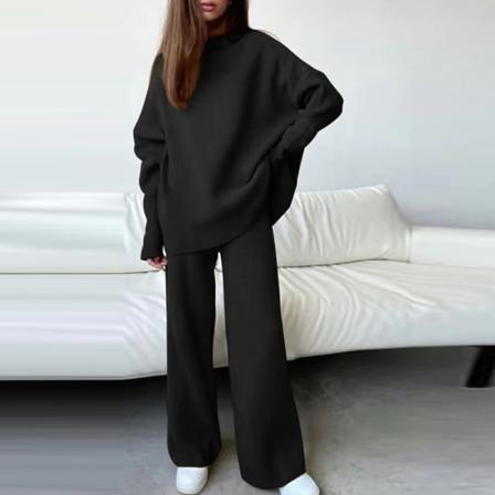 Dam Stickad Tvådelad Outfit Tröja Med Rund Hals + Byxor