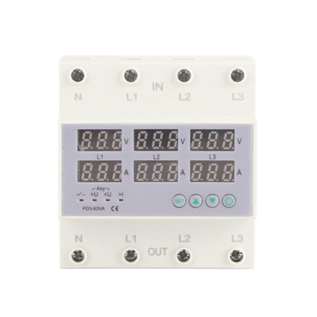 3-faset DIN-skinne voltmeter Amperemeter Automatisk overspændings- og overstrømsbeskyttelse AC 390V til 500V 63A