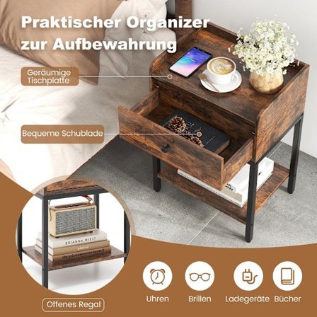 Sengebord med skuffe Sidebord med åben hylde 42 x 30 x 60 cm Rustik brun