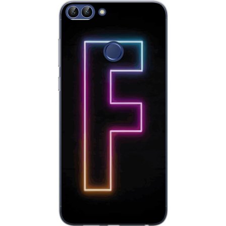 Yhteensopiva Puhelinkuori Huawei Huawei P smart Neonkirjain F vaaleanpunaisella, sinisellä ja keltaisella valokehyksillä tummaa taustaa vasten, graa