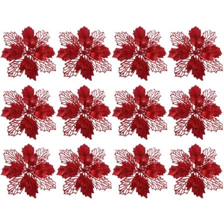 12 x snöflingor juldekorationer för julgransglitter rött
