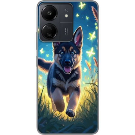 Kompatibel Mobilcover til Xiaomi Xiaomi Redmi 13C Tysk hyrdehund hvalpeplakat, hvalp hund springer mark sommerfugle sød hund illustration blå nat ku