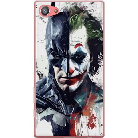 Kompatibel Mobilcover til Sony Sony Xperia Z5 Compact Delt portræt af Batman og Joker i dramatisk illustration, ikonisk superhelte motiv med mørk ku
