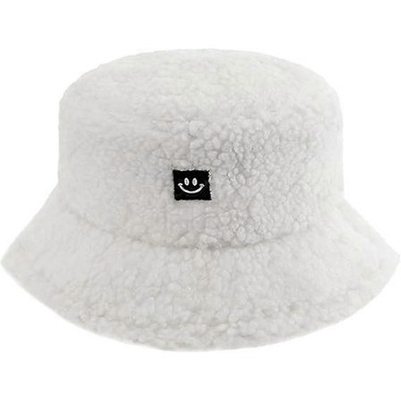 Vinter Fluffy Bucket Hat til Kvinder Mænd, Varme Fyldige Pels Bucket Hatte Smile White