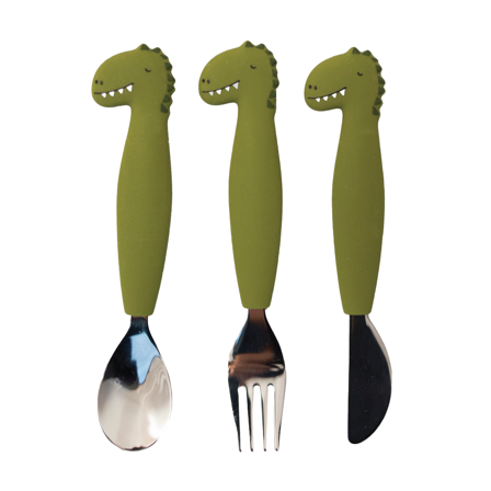 Trixie Bestikksett i silikon Mr. Dino, Grønn, 3 stk.