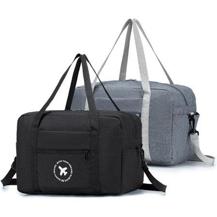 2 stk Kabinbag 40x20x25 Reise Duffel Bag Foldbar Undersete Vanntett Weekend Bag Lett Håndbagasje Bag med Skulderstropp, Svart+Grå