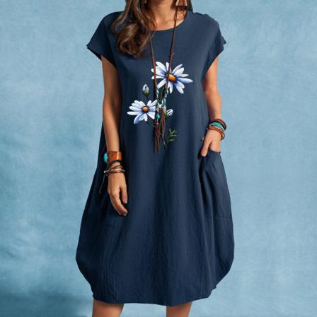Rose Klänning Dam Dam Blommor Printed Lös Kort Ärm Sommar