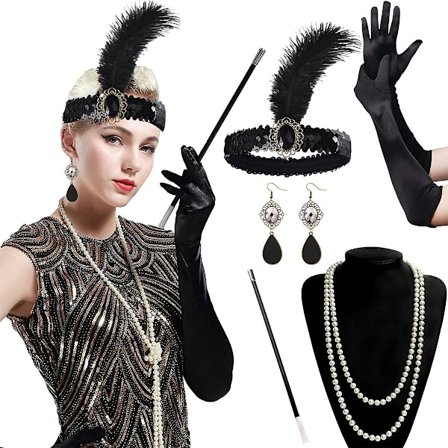 1920-talls tilbehør for kvinner, Gatsby-tilbehør for kvinner, sett med mote fra 1920-tallet, pannebånd, lange svarte hansker, halskjede, øredobber, 