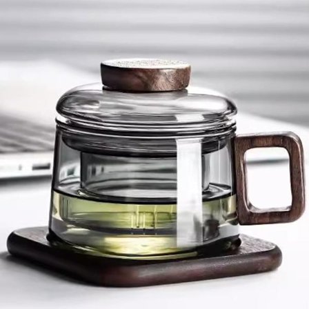 Glas tekopp med lock och sil, 200 ml valnöt lös tekopp, tillverkad av borosilikatglas med underlägg i trä, grå