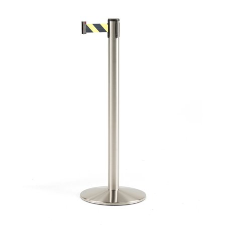 Absperrpfosten mit Band, 3650 mm, gebürsteter Stahl/schwarz-gelb