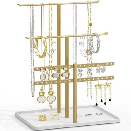 Smykkeholder Organizer, 31,75 cm Høj Robust Metalstativ, 3-lags Smykkeophæng, Guld Smykketræ med Hvid Bakke