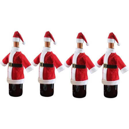 4-pakning Jultomte Vinflaskeovertrekk og Klesplagg for Alle Standard Vinflasker, Juletema Santa Kostyme og Hattdesign