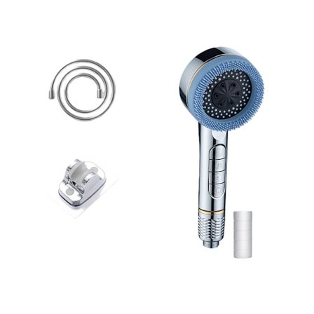 5-tilainen painevahvistettu suodatettu käsisuihku silikoniharjalla, poraamaton kiinnike ja 1.5m pvc-letku silver+blue