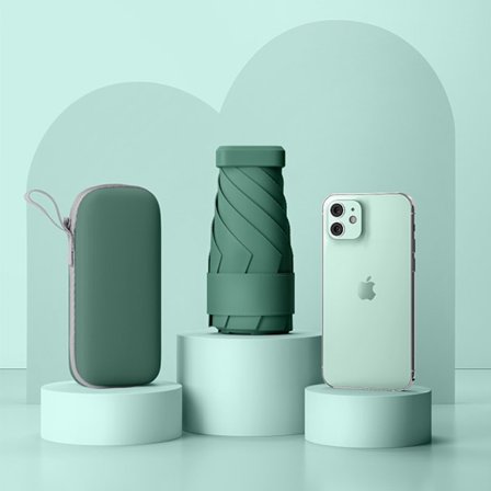 Mini paraply for veske med etui - Liten kompakt UV paraply beskyttelse sol - Lomme lett paraply --- Flat - Mørkegrønn