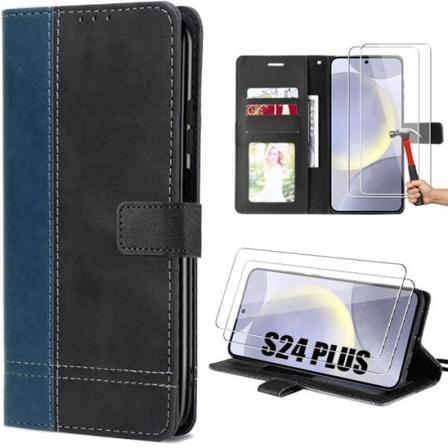 Etui + 2 hærdede briller til Samsung Galaxy S24 Plus (S24+) - Tofarvet sort-marineblå etui med lædereffekt