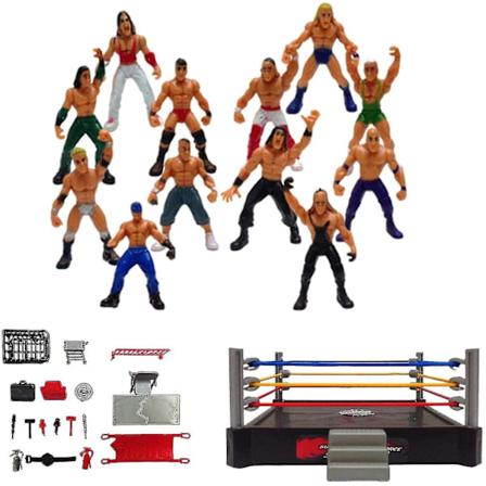 WWE Mini Wrestling -hahmosetti, painija soturi lelut neliömäisellä kehällä ja tarvikkeilla, hauskat miniatyyri taistelutoimintahahmot lahja korkea 