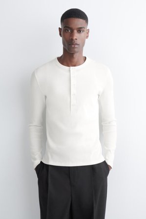 COS Homme T-Shirt Henley Slim Manches Longues Coton Côtelé in Blanc