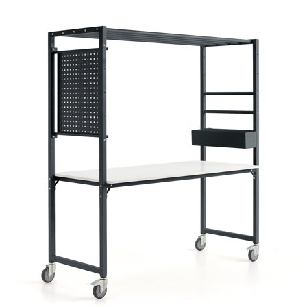 Mobiler Tisch TEAMWORK, Zubehörbox, Werkzeugtafel, anthrazit/weiß