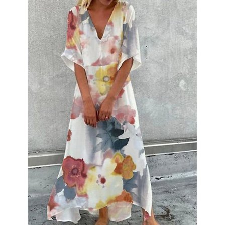 Kvinders Marmorering Blomster Print Casual Kjole Swing Kjole Boho Kjole Lang Kjole Maxi Kjole Grøn Blå Gul Halv Ærme-happygo.3XL.Gul