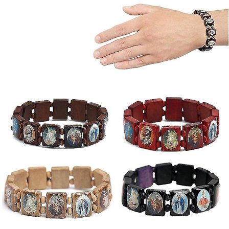 Nytt 4-pack Trä Rosenkrans Jesus Armband Elastiskt Stretch Armband Med Bilder Av Religiösa Helgon Katolska Heliga Gudar Gudinnor Bön Manifestation 