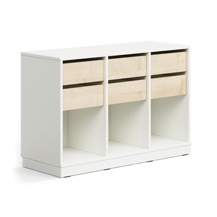 Student storage CASPER, 6 drawers, 3 compartments, base frame, white/birch
