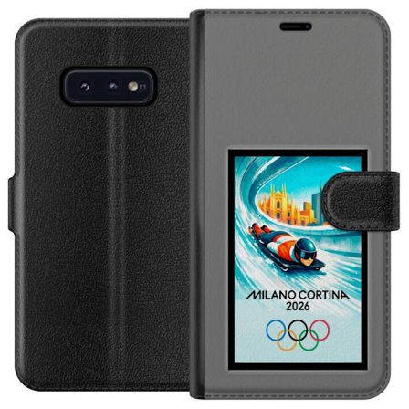 Yhteensopiva Lompakkokotelo Samsung Galaxy S10e Dynaaminen kelkkailija tai skeleton-ajaja jääkanavalla Milanon Cortina 2026 kanssa, kaupunkinäkymä ja