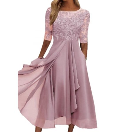 Elegant blonde kjole i chiffon med blondeindsatser og udskæringer (Pink S)