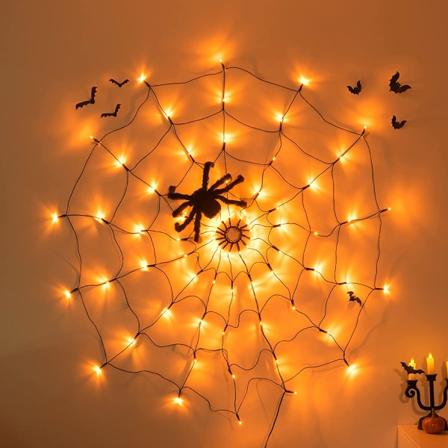 Halloween Edderkoppnettlys 60LED Oransje Lys med Svart Edderkopp