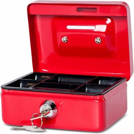 Stålpengeboks Låsbar og Bærbar 12,5x9,5x6cm Med Myntspor Egnet som Sparebøsse, Lite Safe, Kasse Skuff Rød