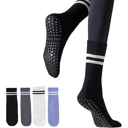 Yoga- og pilatesstrømper i midilengde, trendy svart-hvite to-stripers unisex - 95 % bomull, sklisikre, 4 par (mørk farge)