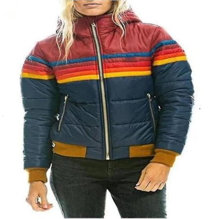 Regnbuefarvet Vinterjakke med Lynlås til Damer, Vatteret, Casual, Stribet med Hætte, Marineblå Navy