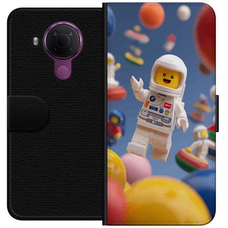Kompatibelt Plånboksfodral till Nokia 5.4 LEGO-inspirerad astronautfigur i rymden bland färgglada planeter, lekfull 3D-illustration för barnrum, af