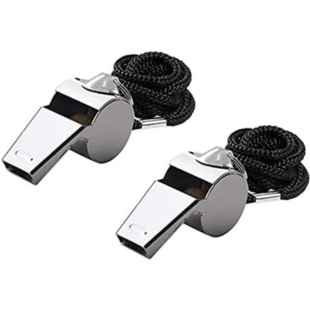 Sett med 2 rustfrie stål nødfløyter, sterk metallfløyte med snor for dommere, trenere, livreddere, basketball, fotball, hockey