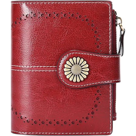 Dam Äkta Läder Plånbok med Dragkedja och 16 Kortfack - Premium Modell (Vinröd)
