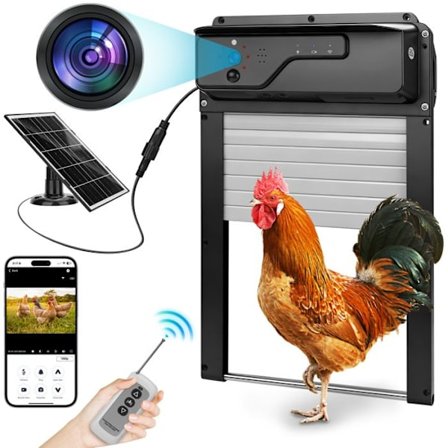 Solcelledrevet automatisk dør til hønsehus 34x23cm, Kamera 1080P, Batteri 5000MAH, med timer, WLAN-app/fjernbetjening